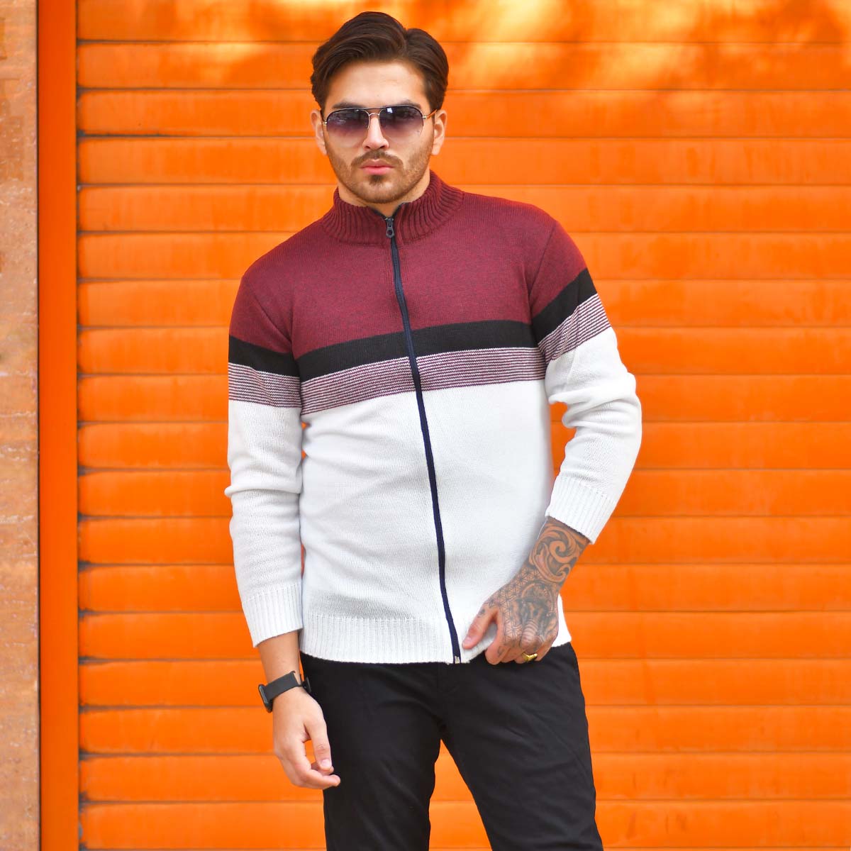 سوئیشرت بافت مردانه مدل Brenda رنگ زرشکی و سفید