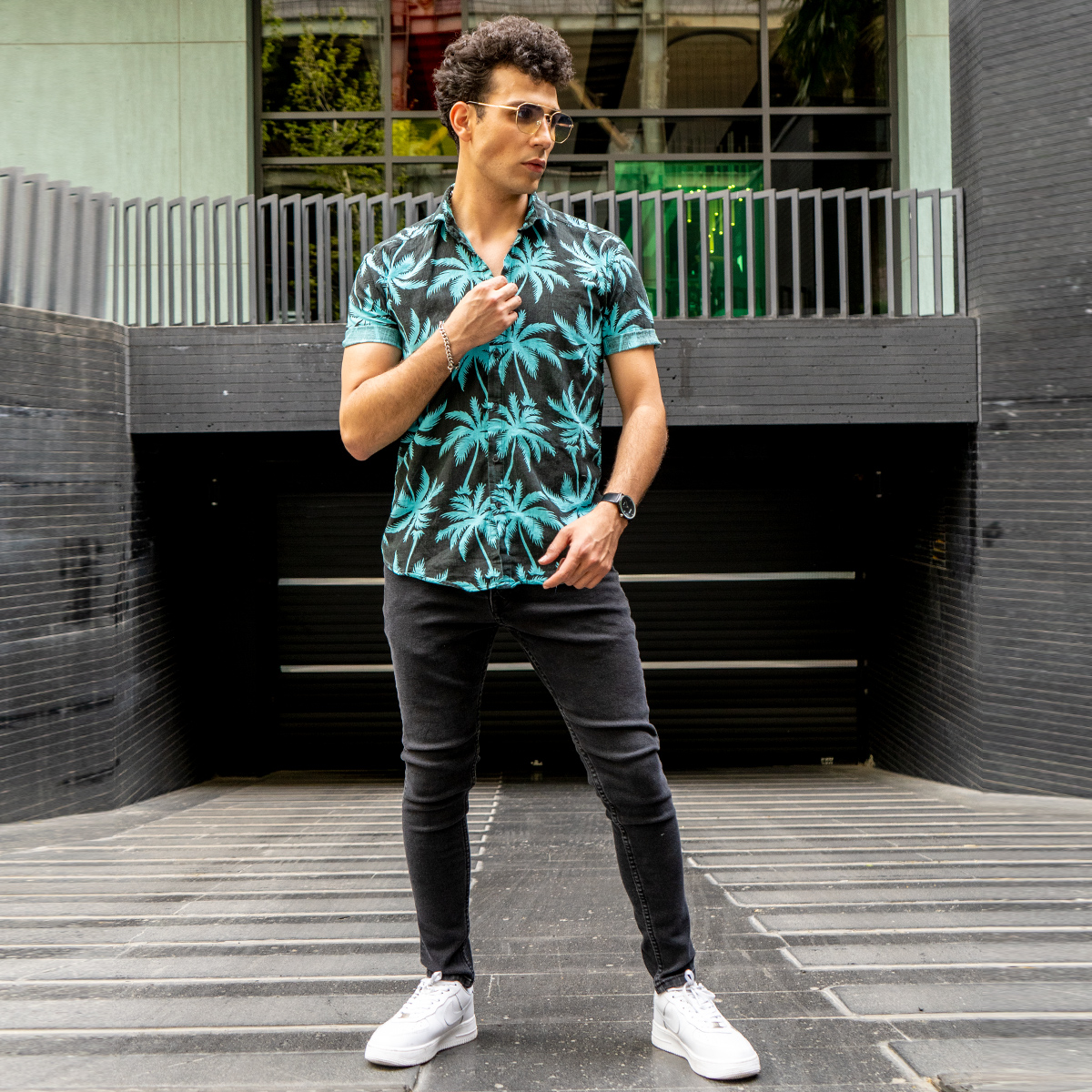 پيراهن هاوايي مردانه مشكي سبز مدل Riofer