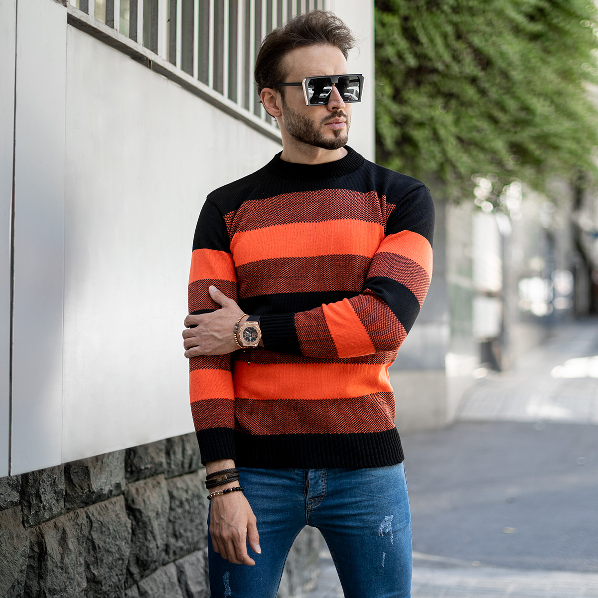 پلیور مردانه راه راه نارنجی مدل David