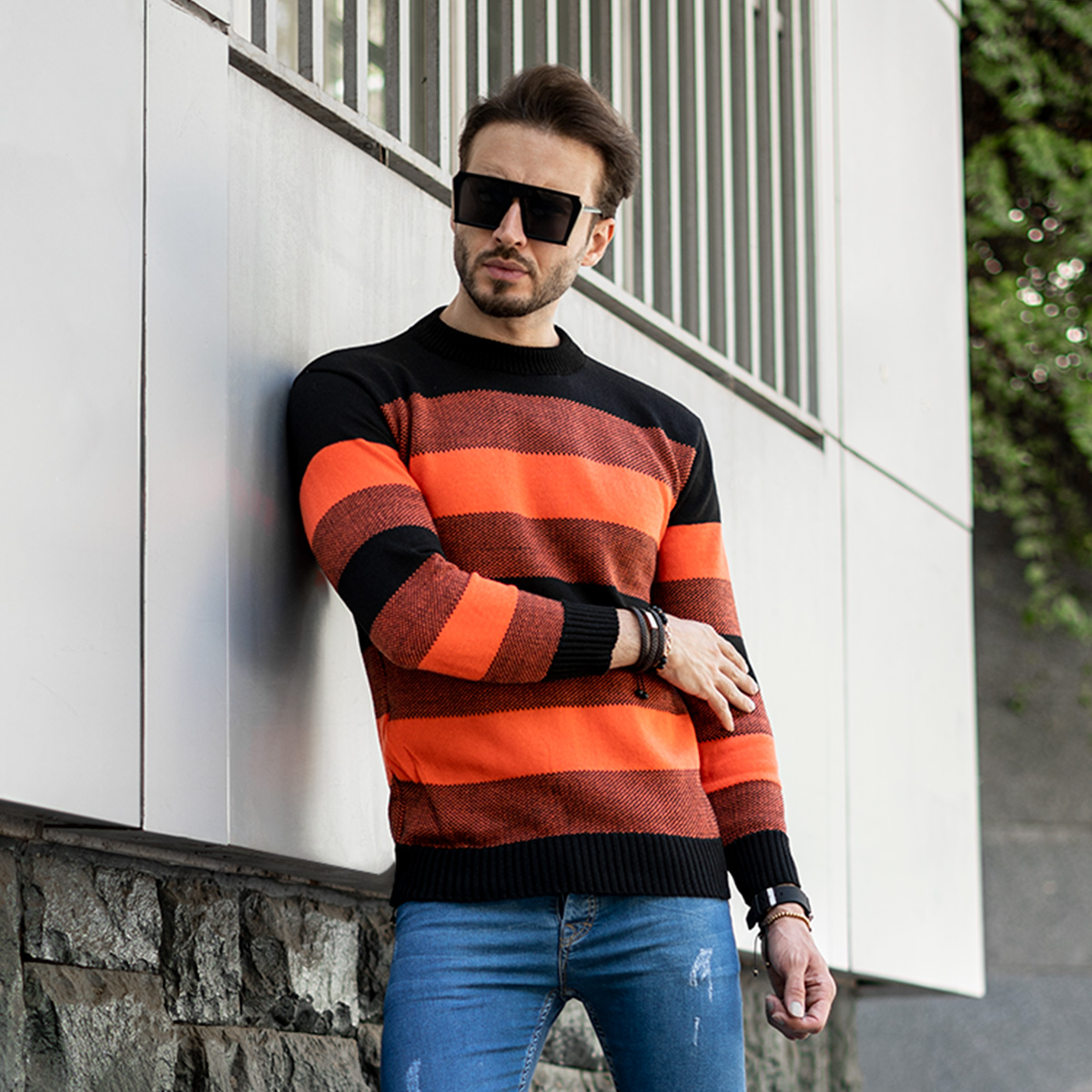 پلیور مردانه راه راه نارنجی مدل David
