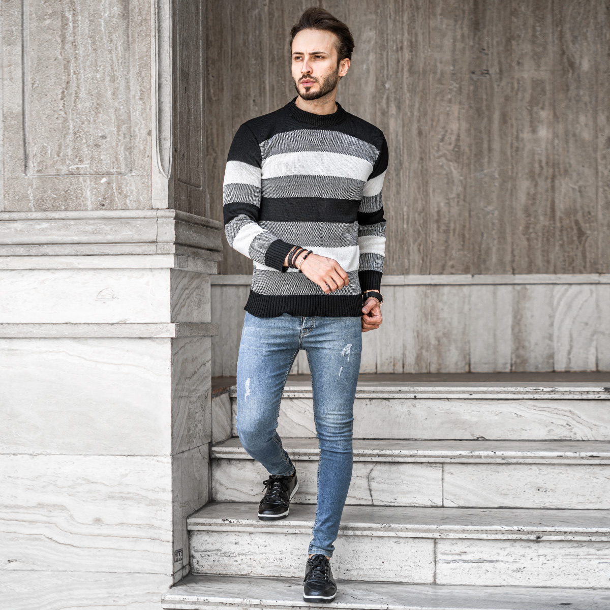 پلیور مردانه راه راه مشکی سفید مدل David