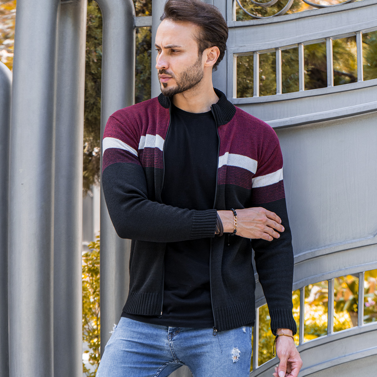 بافت مردانه زیپ دار دورنگ زرشکی مشکی مدل shadima