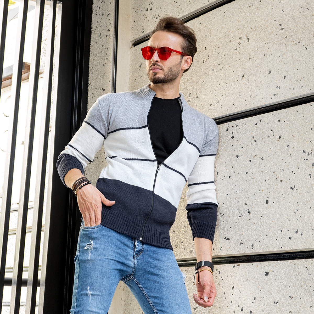 سویشرت بافت زیپ دار مردانه سه رنگ مدل ABED