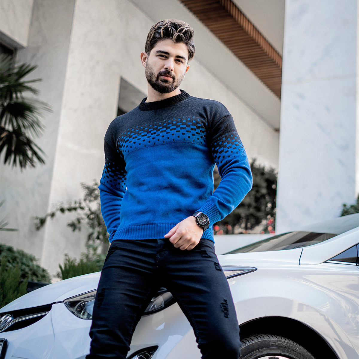 پلیور مردانه دو رنگ آبی مشکی مدلShatel