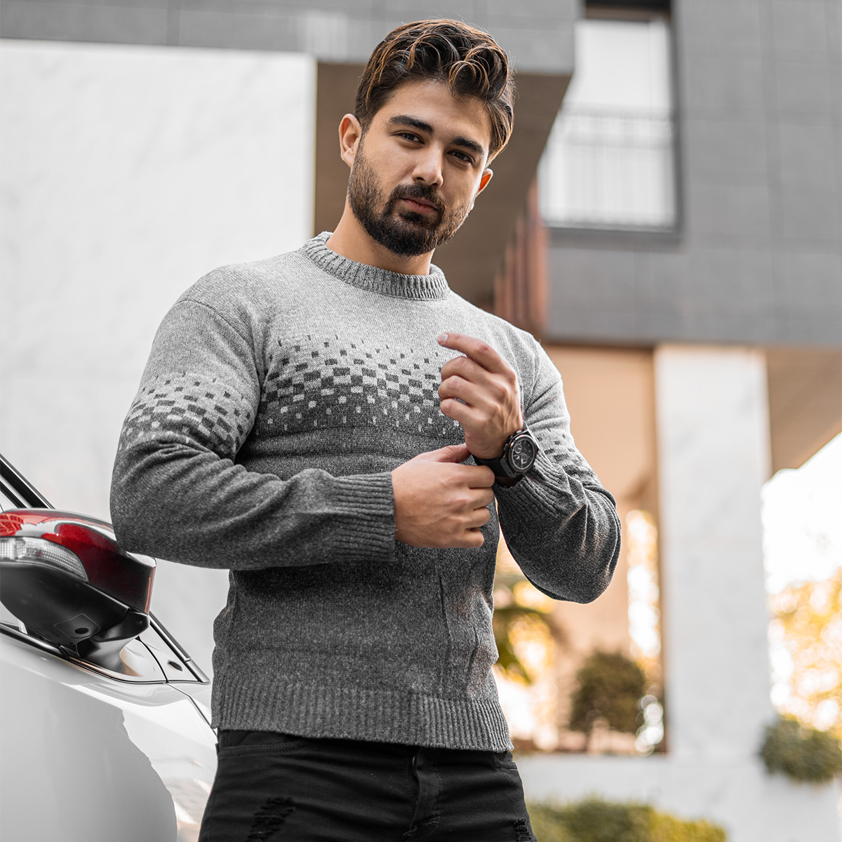 پلیور مردانه دو رنگ طوسی ذغالی مدلShatel