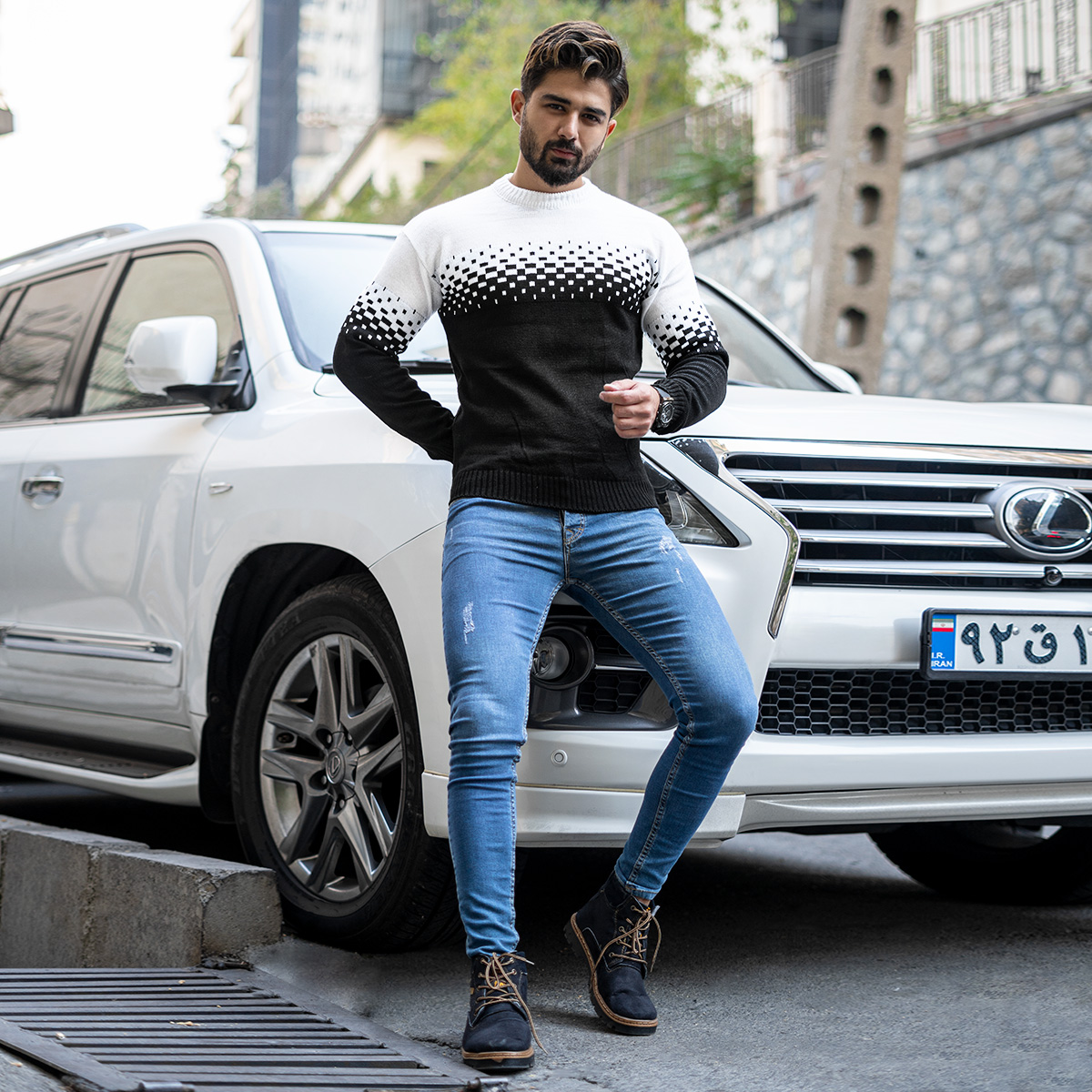 پلیور مردانه دو رنگ سفید مشکی مدلShatel