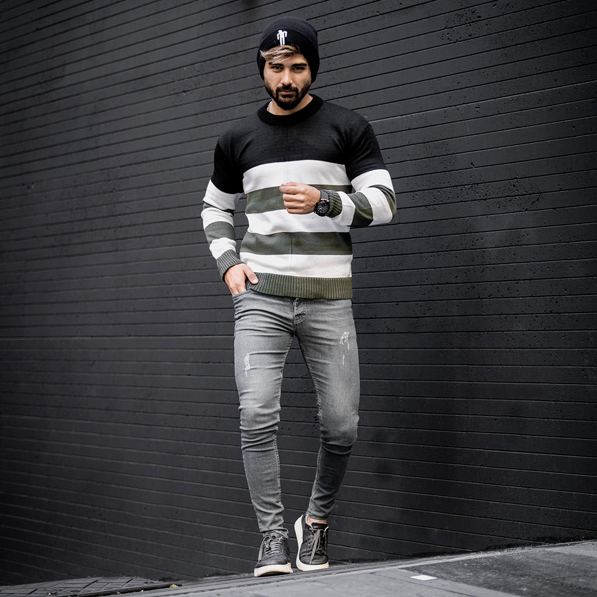 پلیور راه راه سبزسفید مردانه مدل Sosha