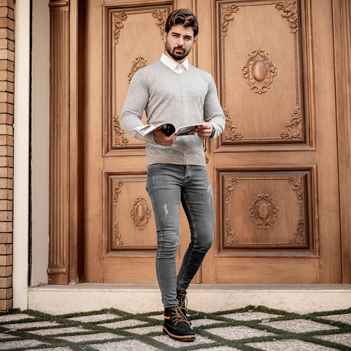 پلیوربافت یقه هفت طوسی مردانه مدلETM