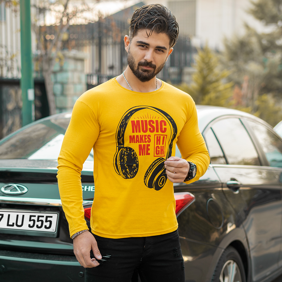 تیشرت آستین بلند مردانه طرح هدست زرد مدل O22