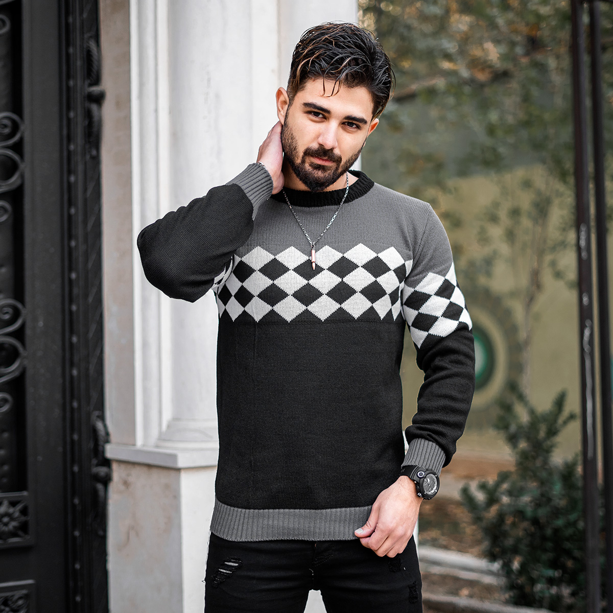 پلیور ژاکارد مشکی سفید مردانه مدل Mehrdad