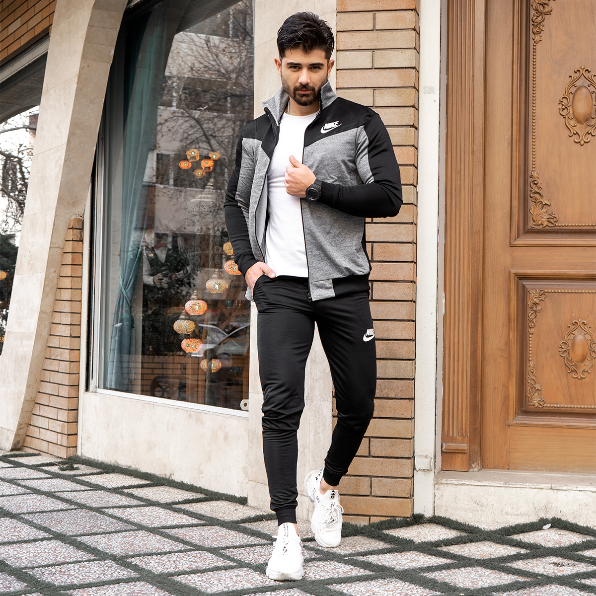 ست سوییشرت شلوار نایک طوسی مشکی مردانه مدل Bazan