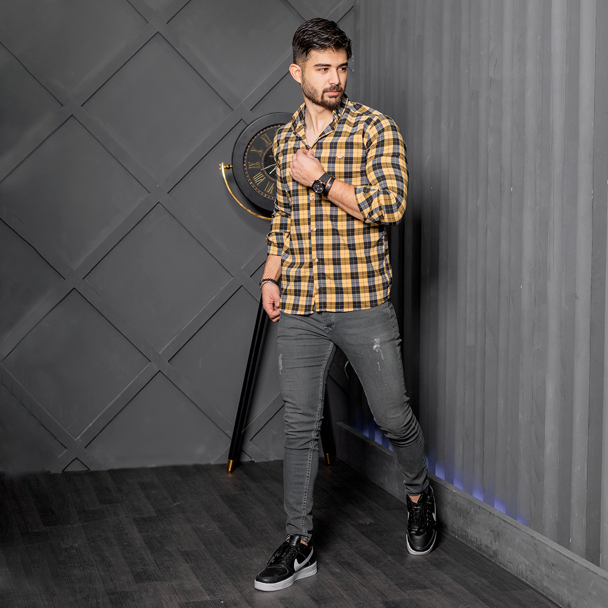 پیراهن چهارخونه مشکی زرد مدل Mahed