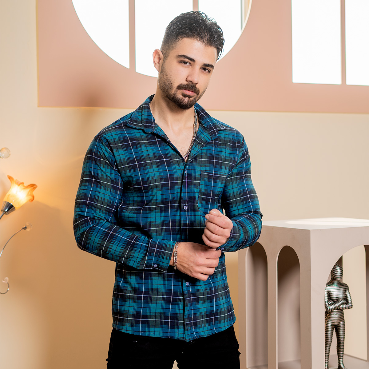 پیراهن چهارخانه سبزسرمه ای مردانه مدلDivan