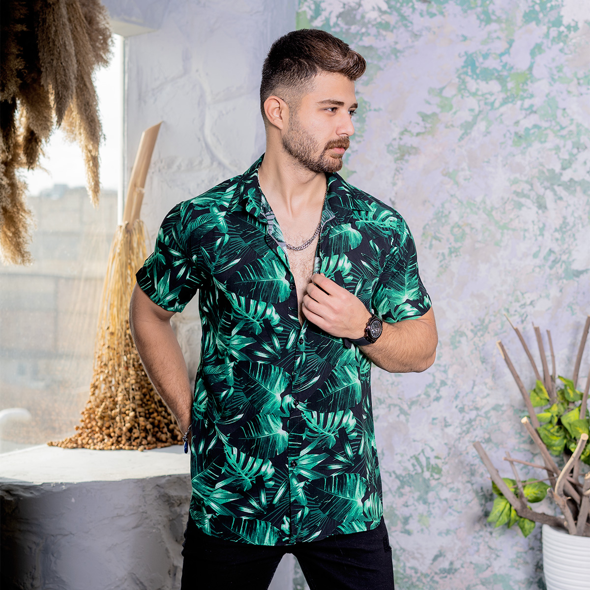 پیراهن هاوایی مردانه طرح برگ مدلEdfan