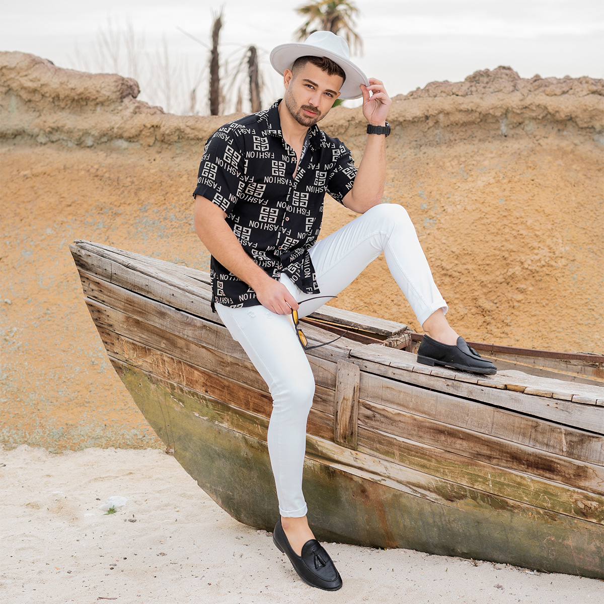 پیراهن هاوایی مشکی مردانه مدل F 402