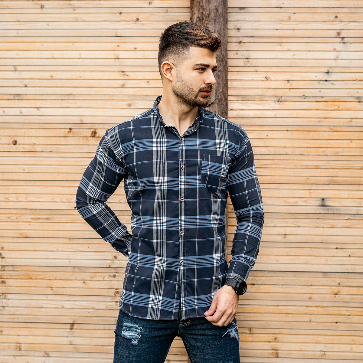 پیراهن راه راه مردانه طوسی آبی مدلwigo