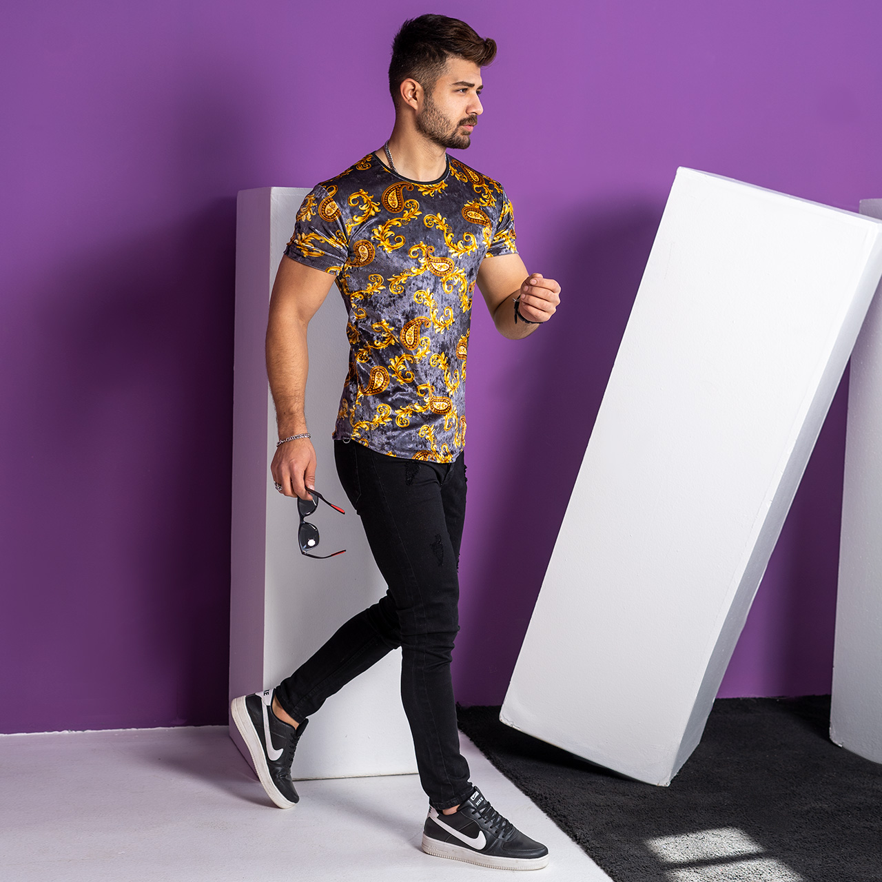 تیشرت مخمل طوسی مردانه مدل H59