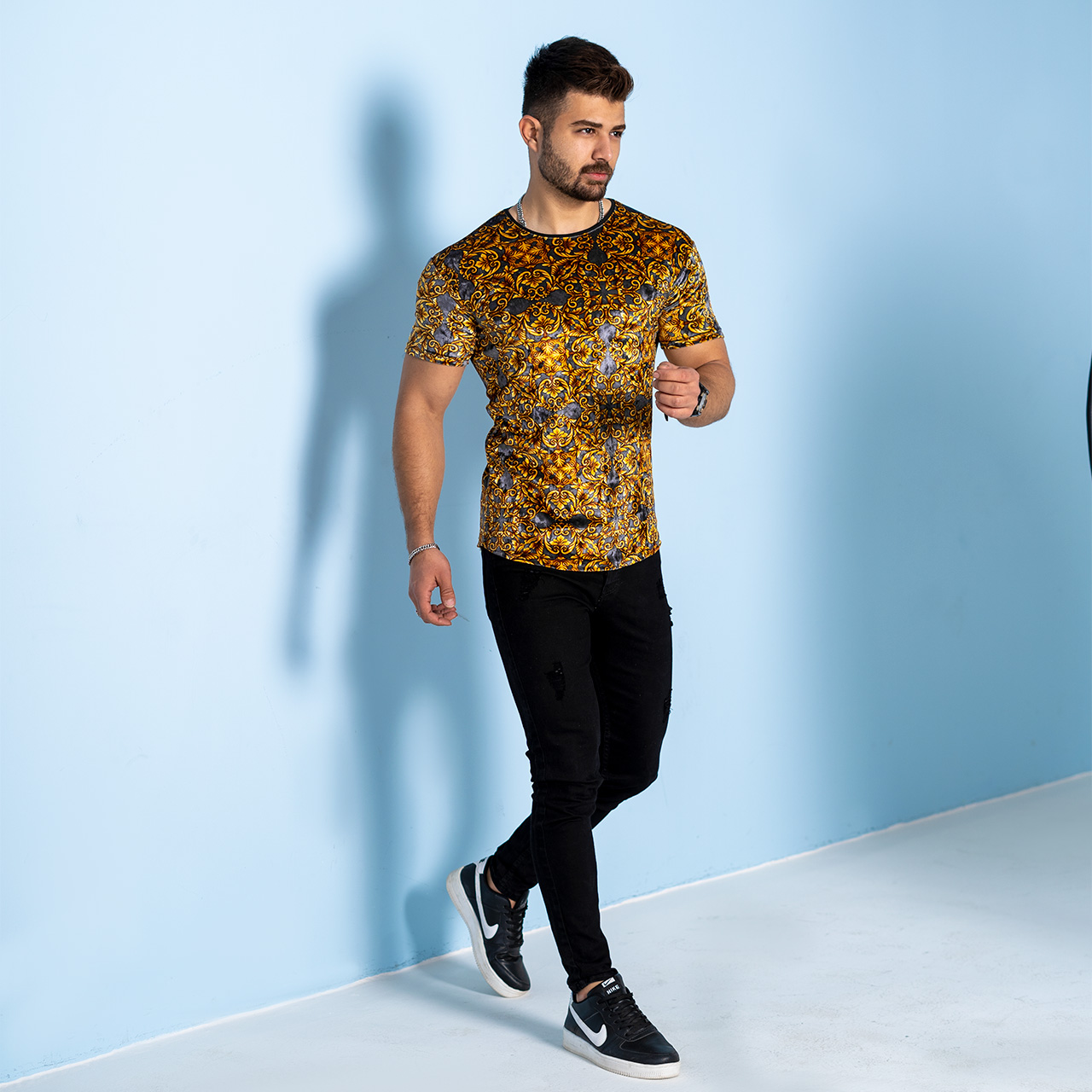 تیشرت مخمل طوسی طلایی مردانه مدلSilver