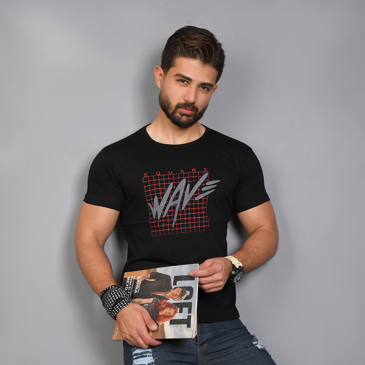 تیشرت مردانه مشکی(T) مدل Wav