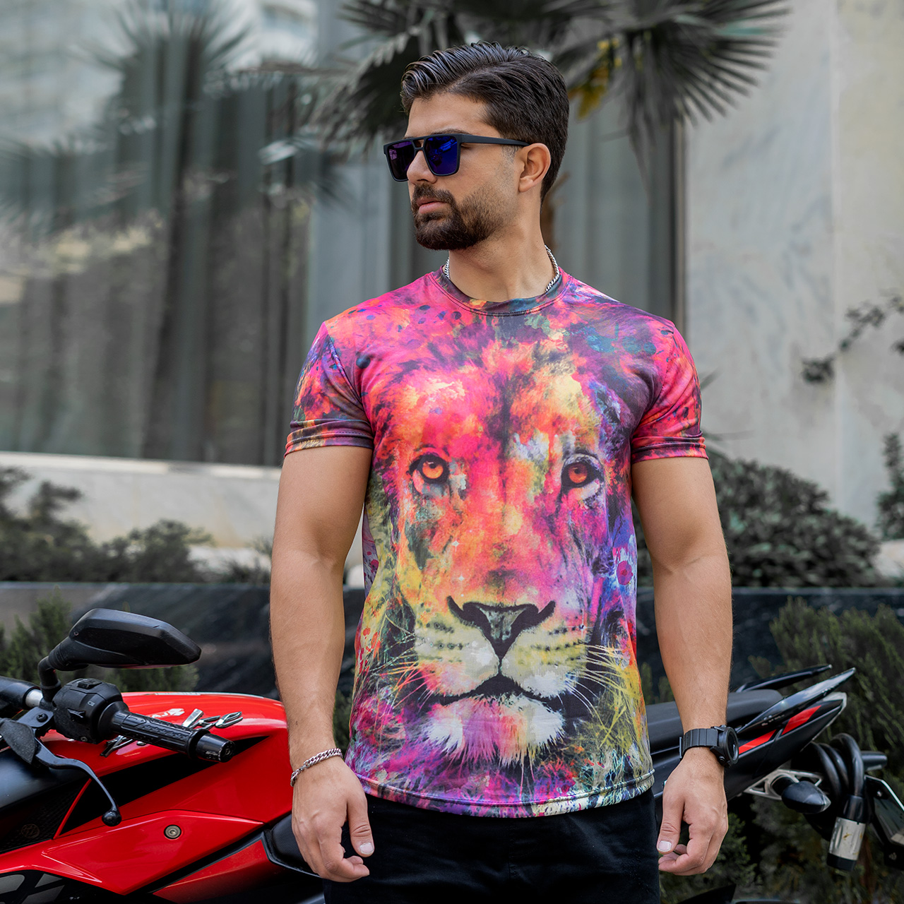 تیشرت مردانه آبرنگی طرح شیر مدل C23