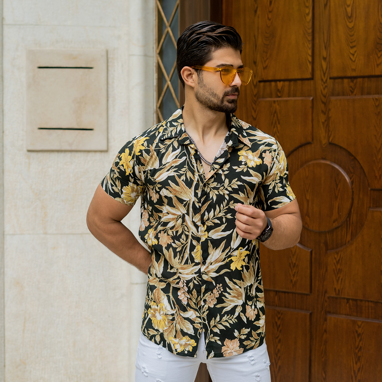 پیراهن هاوایی مردانه گل زرد مدل p7