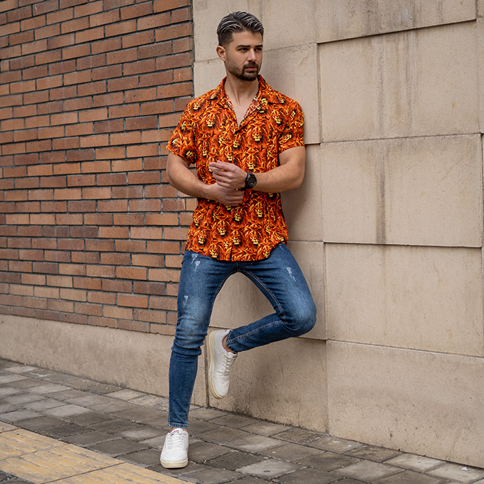 پیراهن هاوایی طرح شیر نارنجی مردانه مدل P11