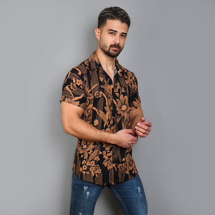 پیراهن هاوایی مردانه طرح گل قهوه ای مدل B72