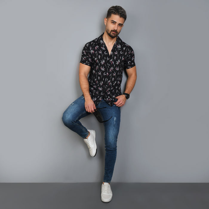 پیراهن هاوایی برگ صورتی مردانه مدل Pinko