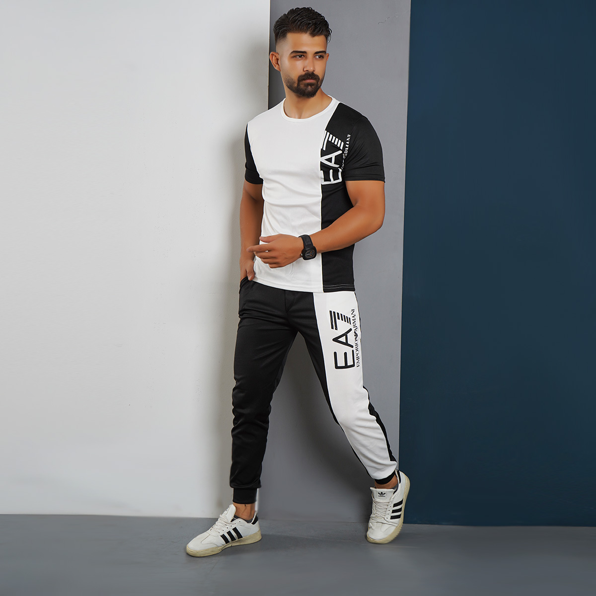 ست تیشرت شلوار EA7 سفید مشکی مدلWE82