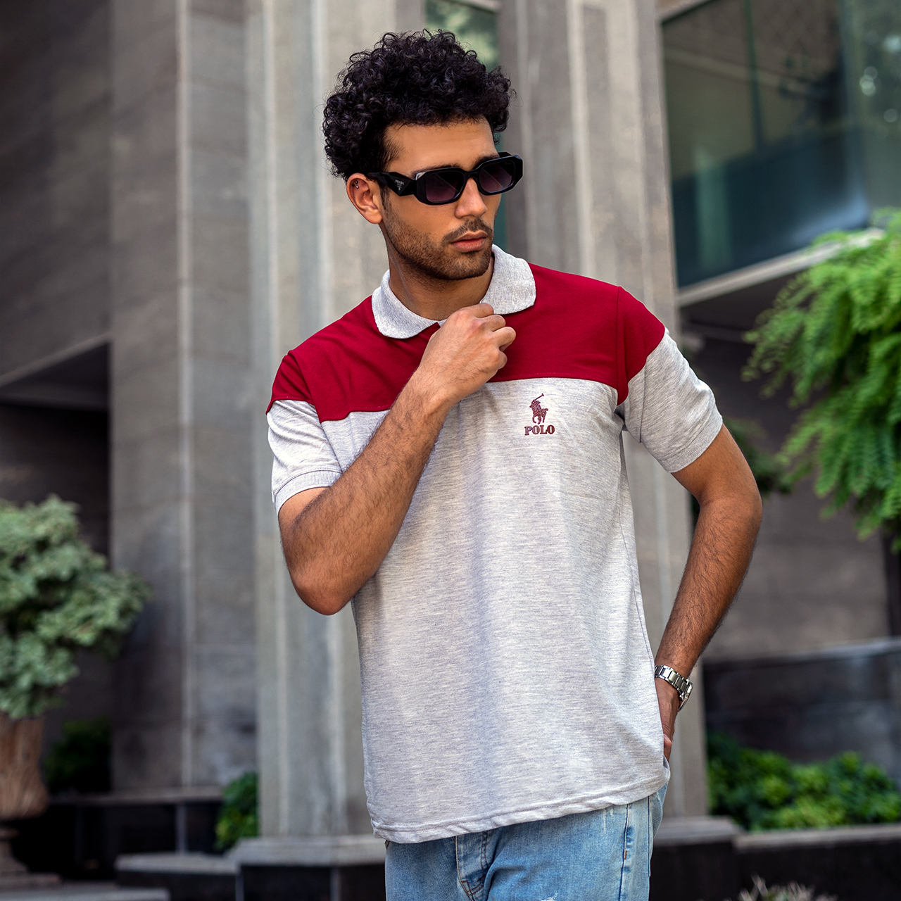 تیشرت مردانه POLO طوسی- زرشکی مردانه Mazyar