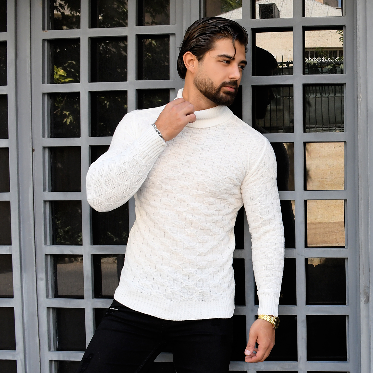 پلیور یقه اسکی سفید طرح لوزی مردانه مدلG10