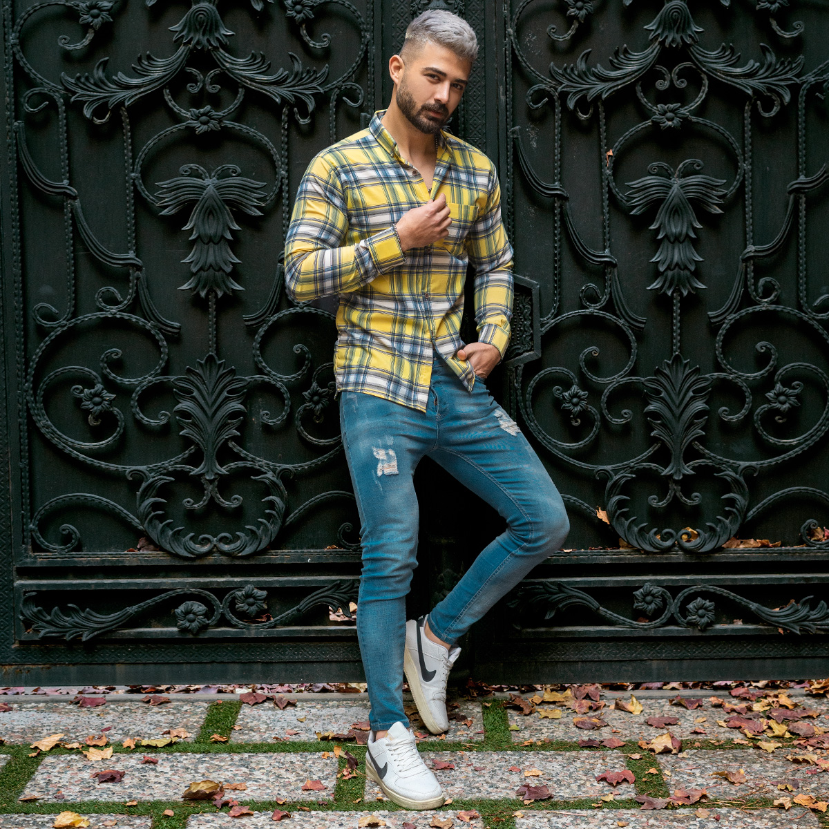 پیراهن مردانه چهارخونه لیمویی مدل Damin