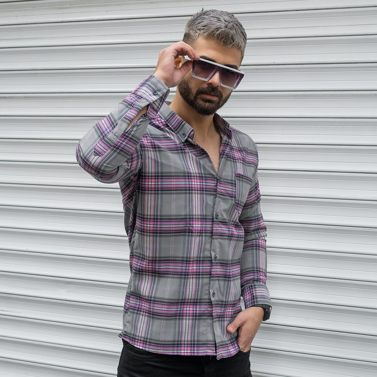 پیراهن مردانه طوسی صورتی مدل ahora