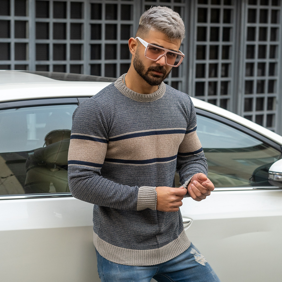 پلیور مردانه کرم- طوسی مدل Madis