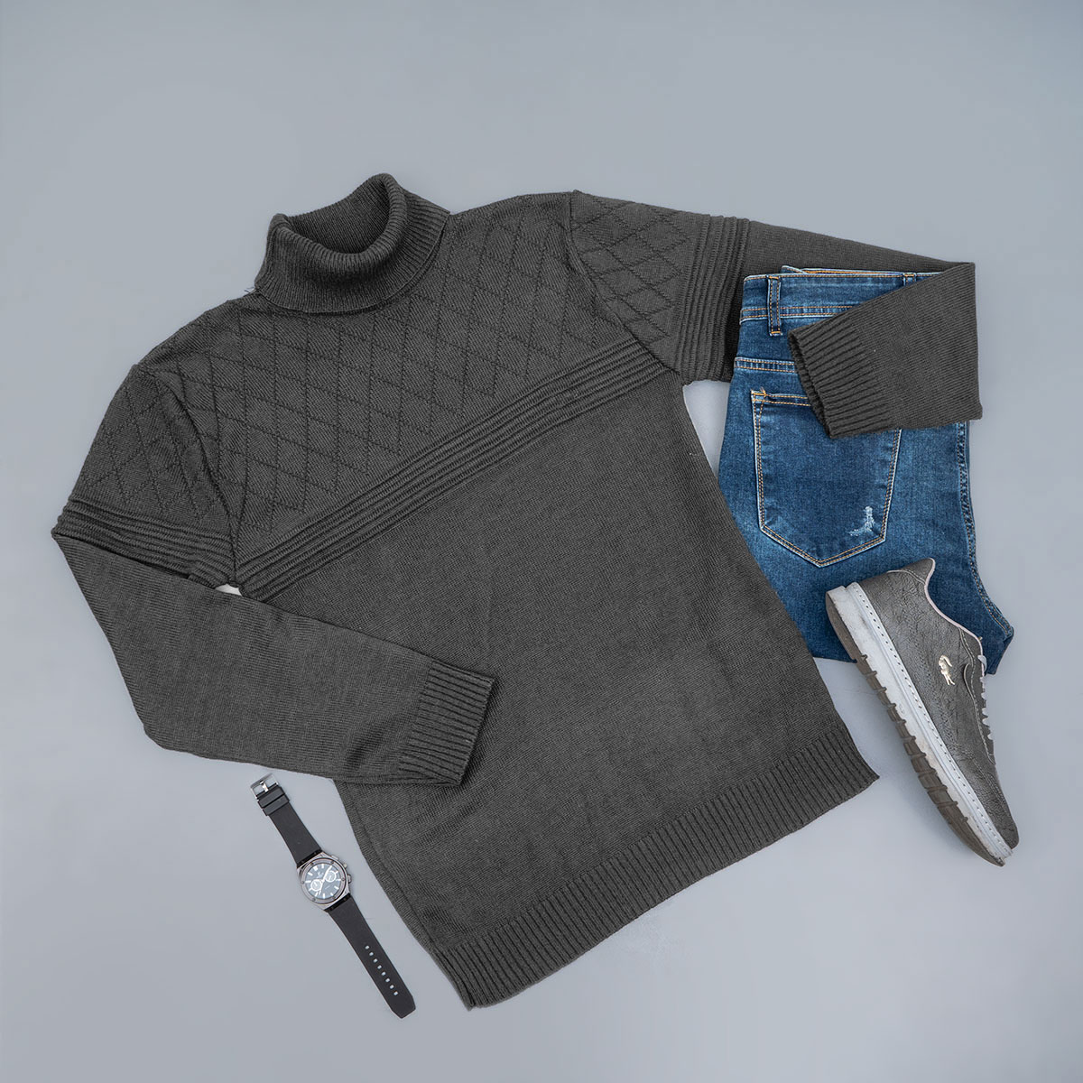 پلیور مردانه ذغالی طرح لوزی یقه اسکی مدل Havash