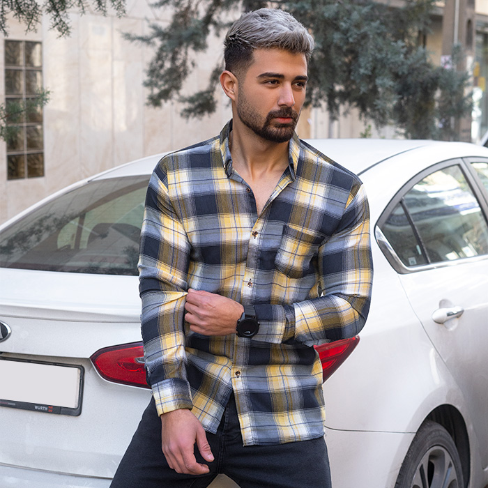 پیراهن مردانه چهارخونه زرد سرمه ای مدل Robert