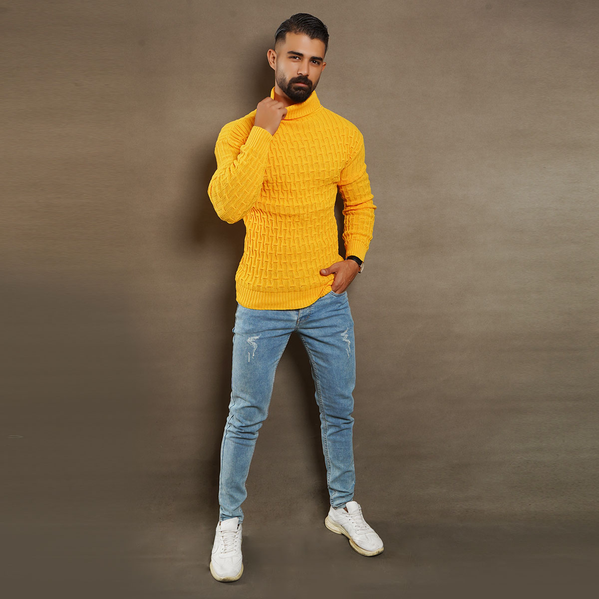 پلیوربافت مردانه زرد یقه اسکی مدل Arad