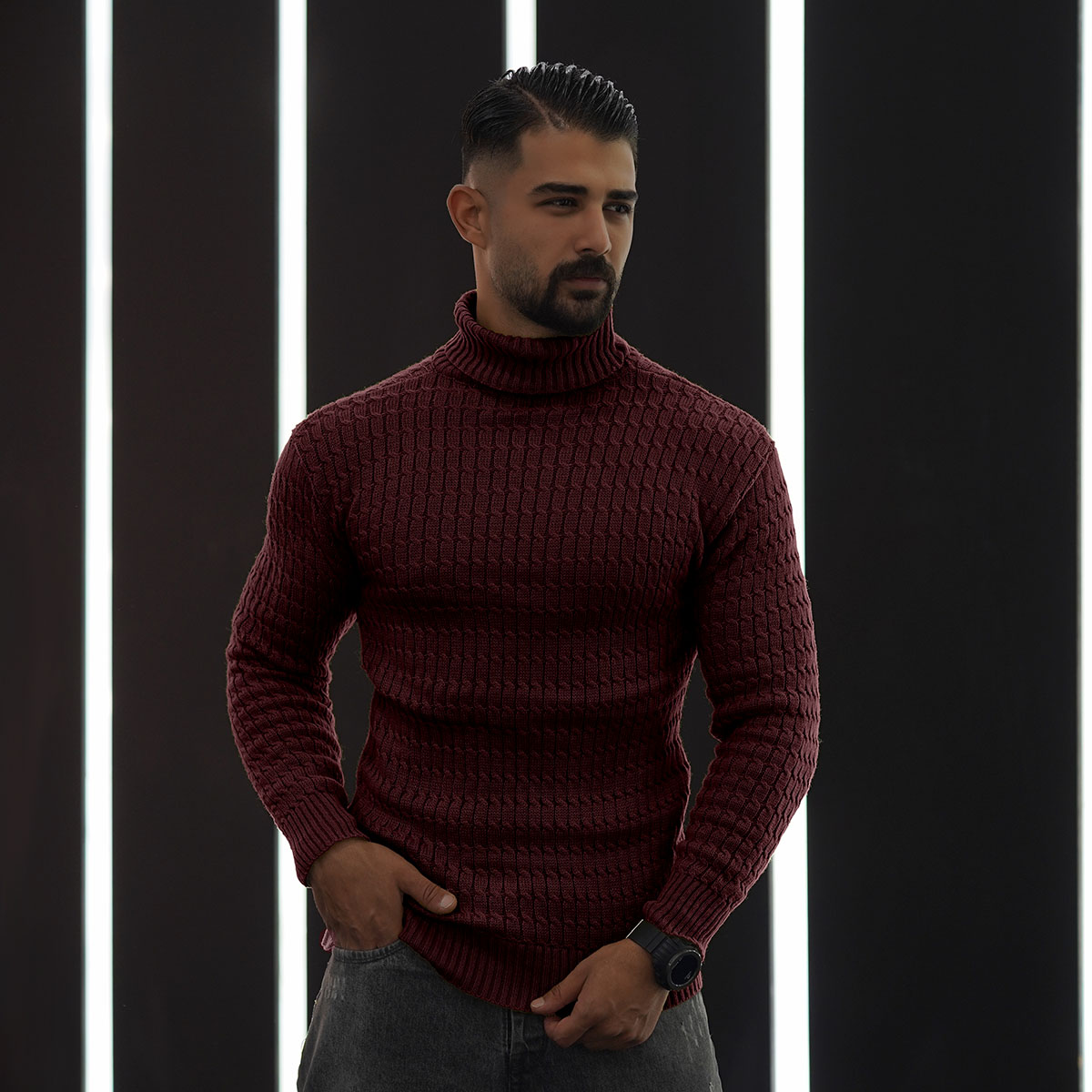 پلیوربافت مردانه زرشکی یقه اسکی مدل Pouyan