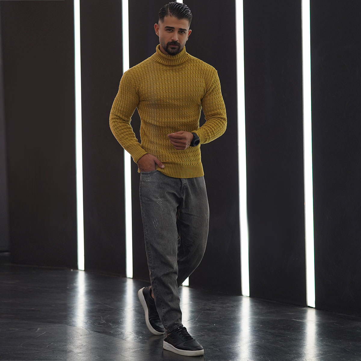 پلیوربافت مردانه خردلی یقه اسکی مدل Pouyan