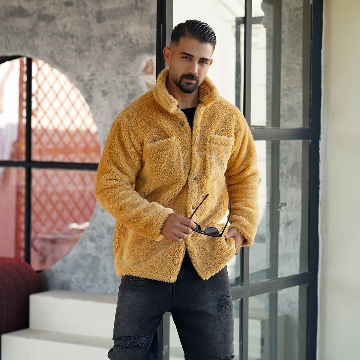 ژاکت مردانه جیب دار خردلی مدل TEDI