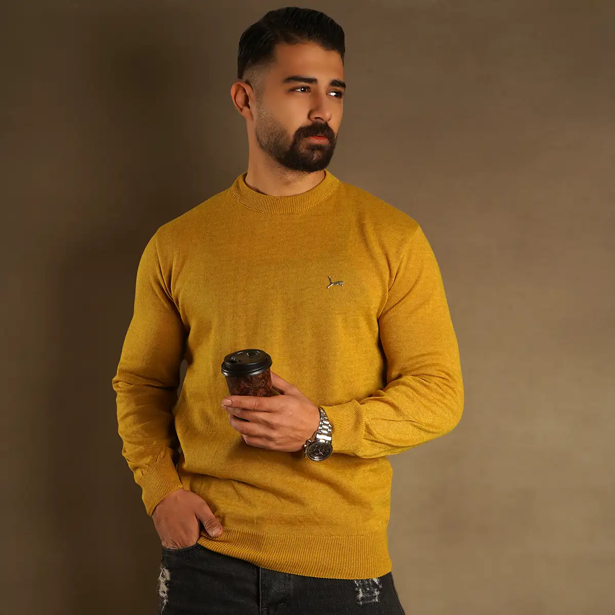 پلیور یقه گرد پوما خردلی مدل Danyal