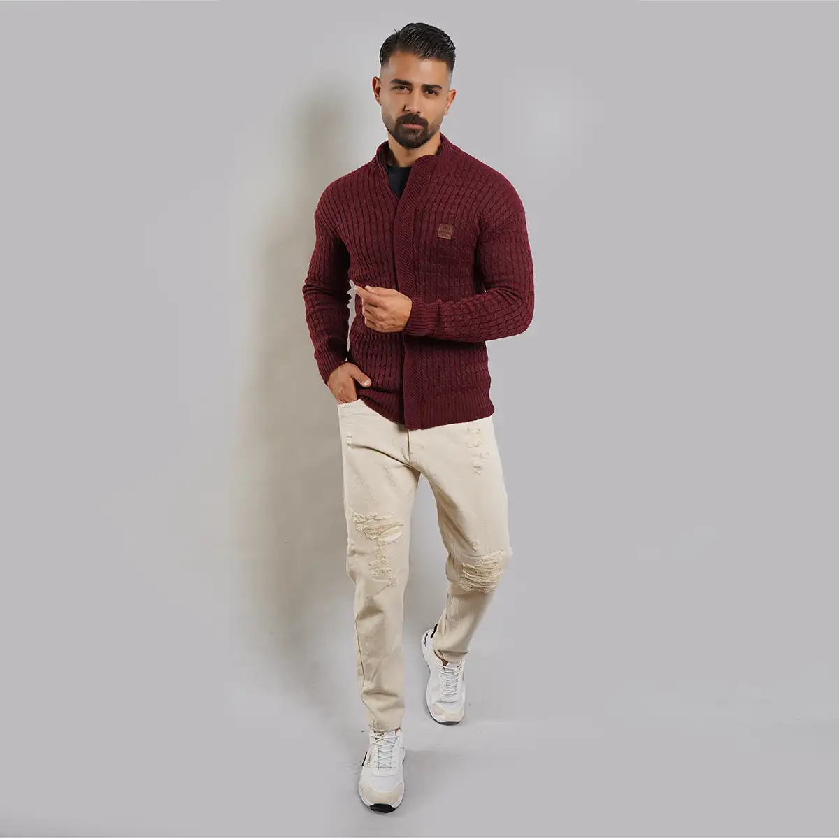 سوئیشرت بافت زرشکی مردانه مدل OKSEN