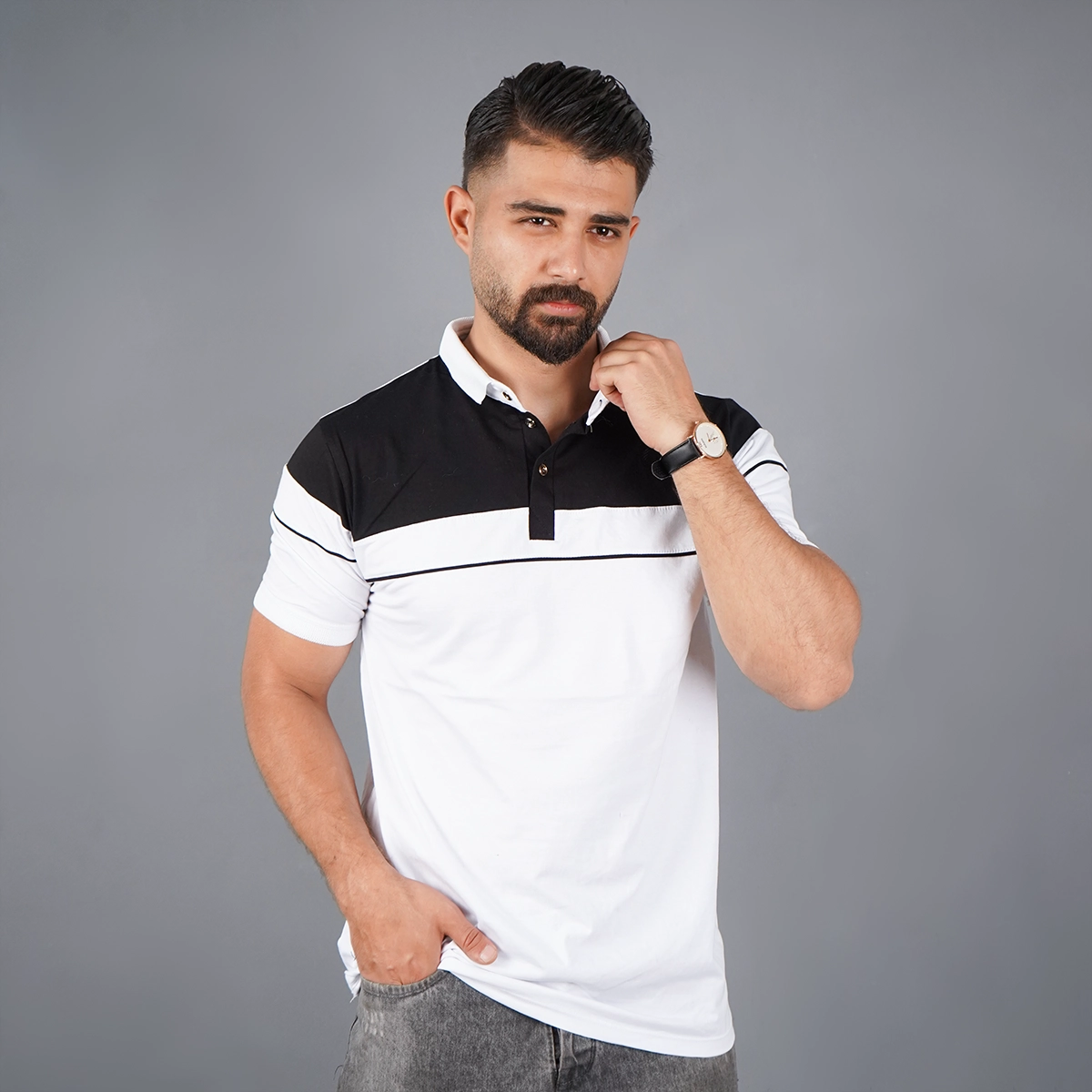 تیشرت مردانه یقه فرنچ سفید مدل Bahman