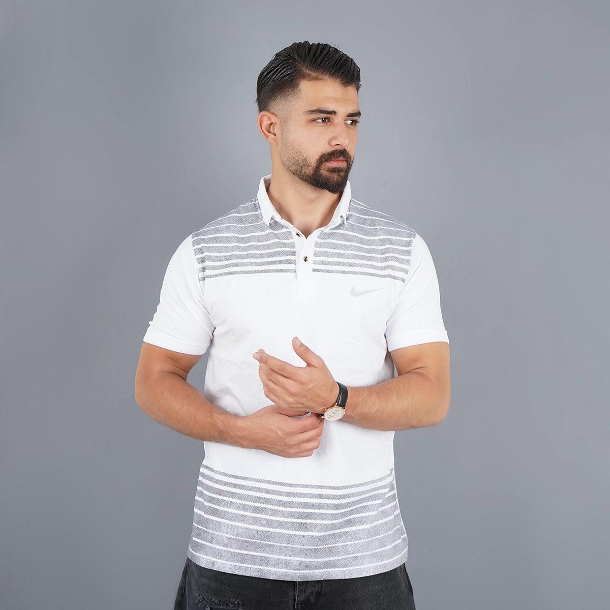 تیشرت یقه دار راه راه سفید مدل Farhan