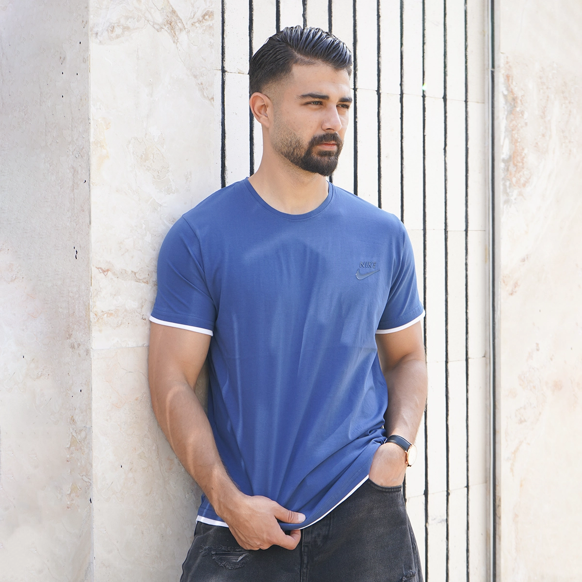 تیشرت یقه گرد آبی مردانه مدل kamyar