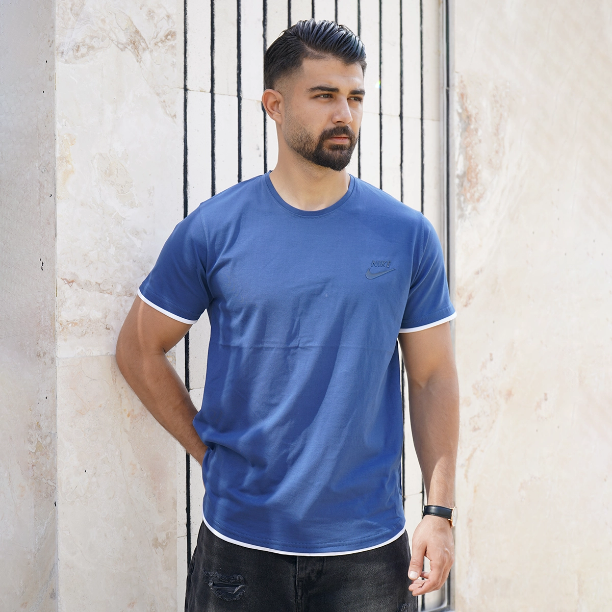 تیشرت یقه گرد آبی مردانه مدل kamyar