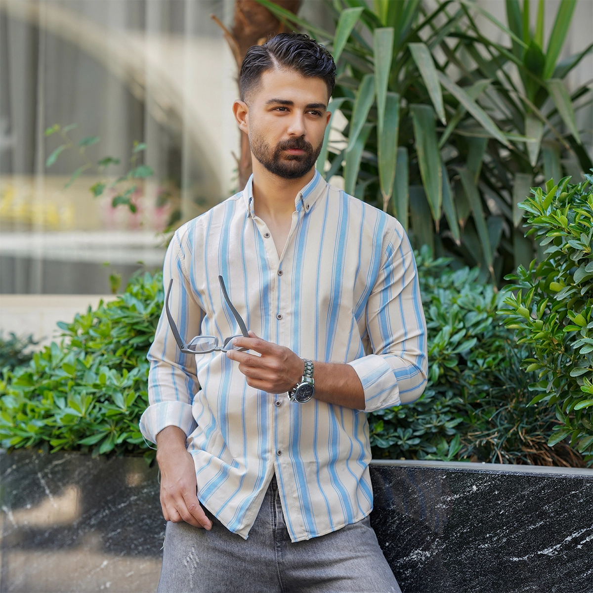 پیراهن راه راه زرد آبی مردانه مدل Ramin