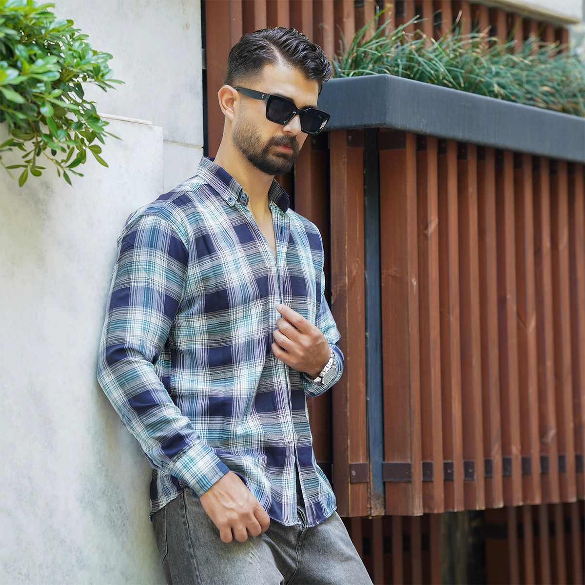 پیراهن چهارخونه سرمه ای سبز مردانه مدل Sany