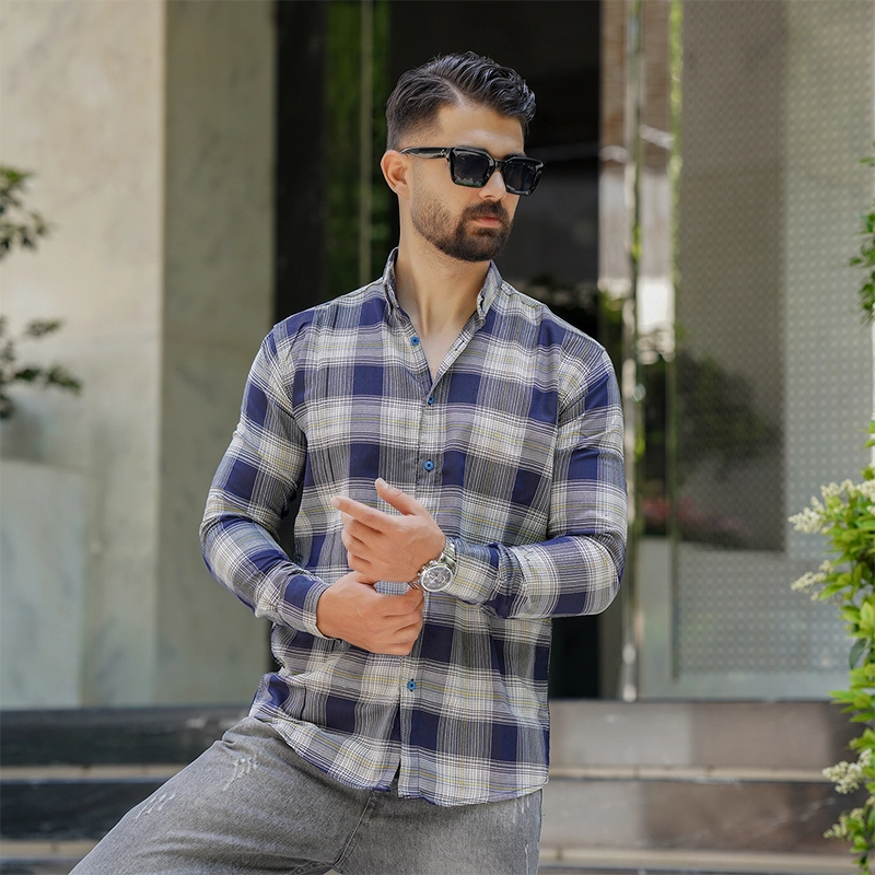 پیراهن چهارخونه سرمه ای زرد مردانه مدل Sany