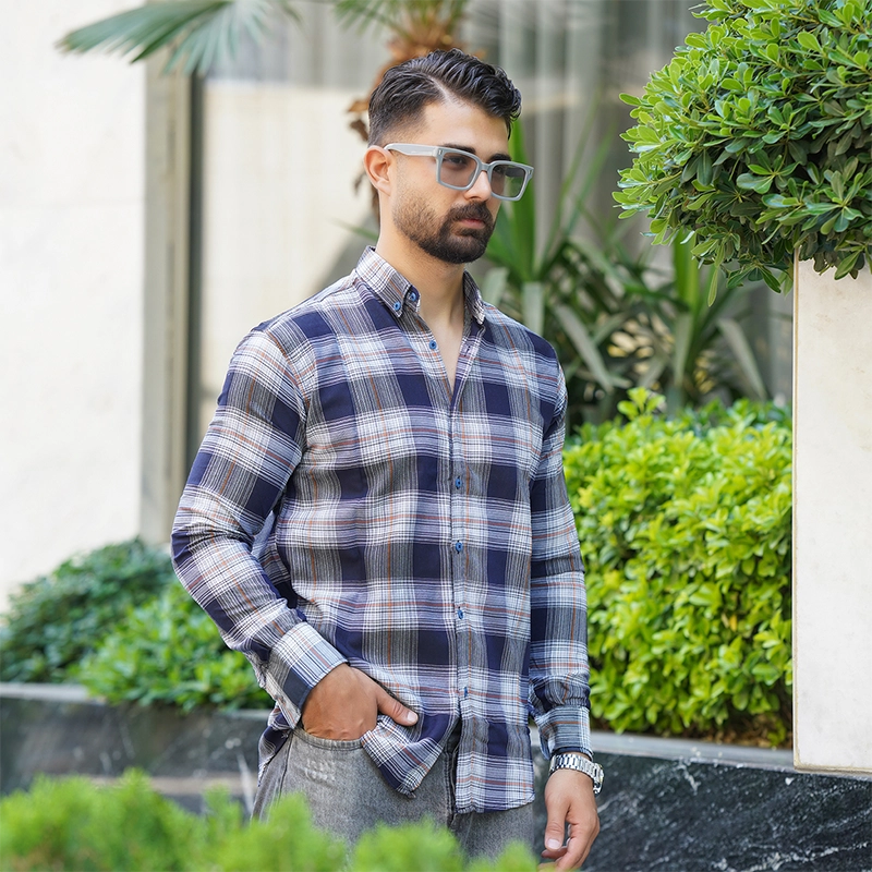 پیراهن چهارخونه سرمه ای نارنجی مردانه مدل Sany